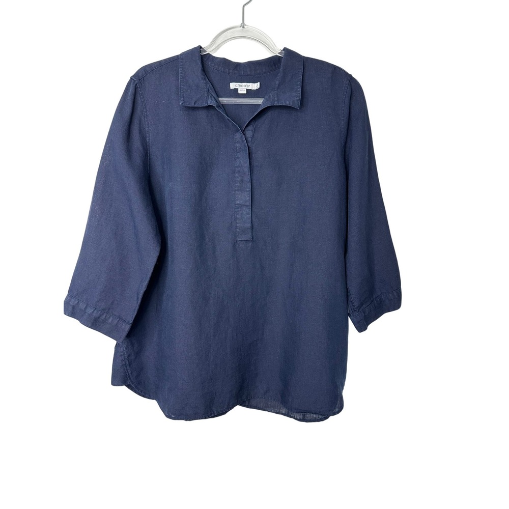 Chicos Linen Popover Tunic Top Size 12 Navy Blue 3/4 Sleeve 2 L Back Buttons